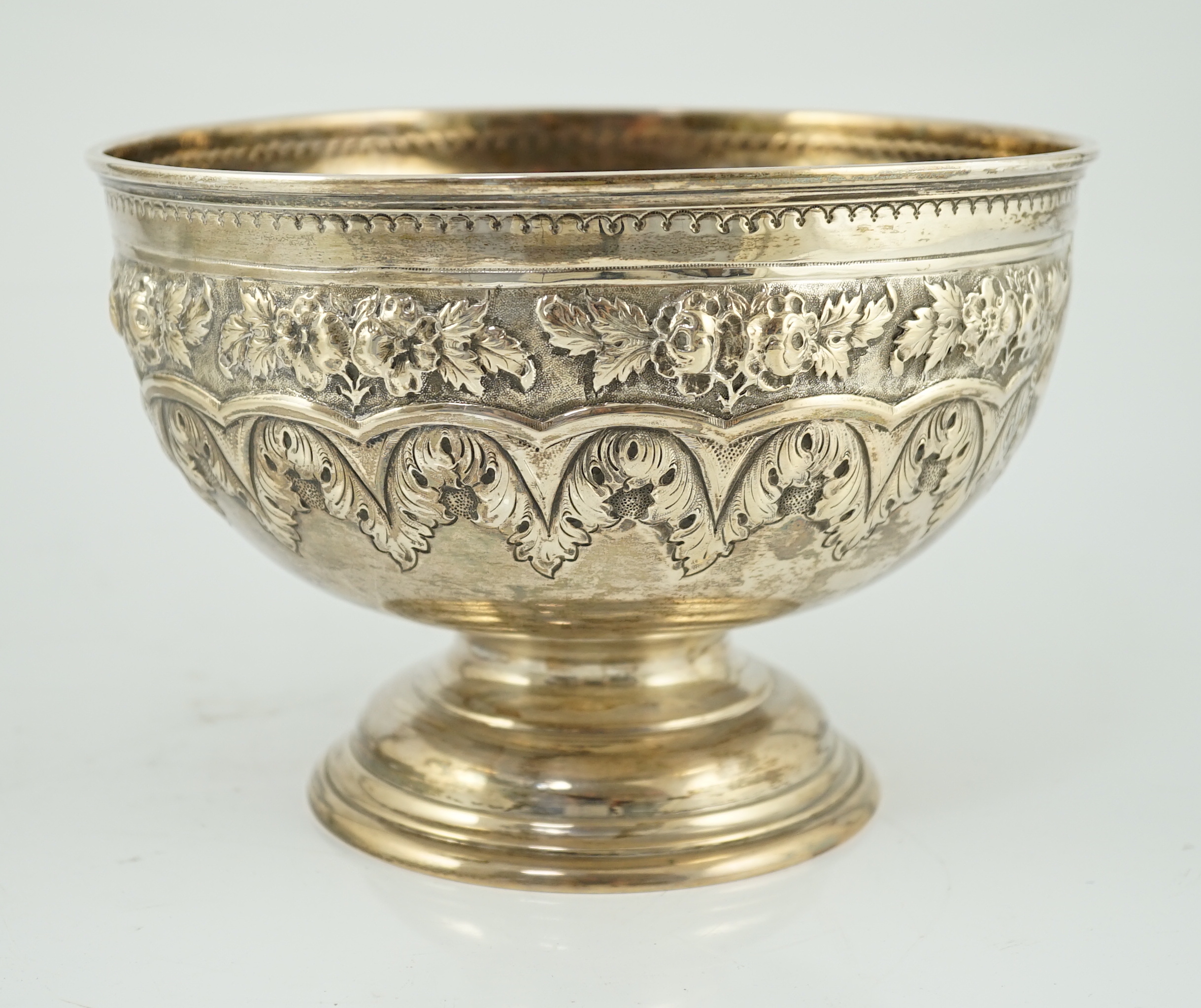 An Edwardian embossed silver rose bowl, by Walker & Hall